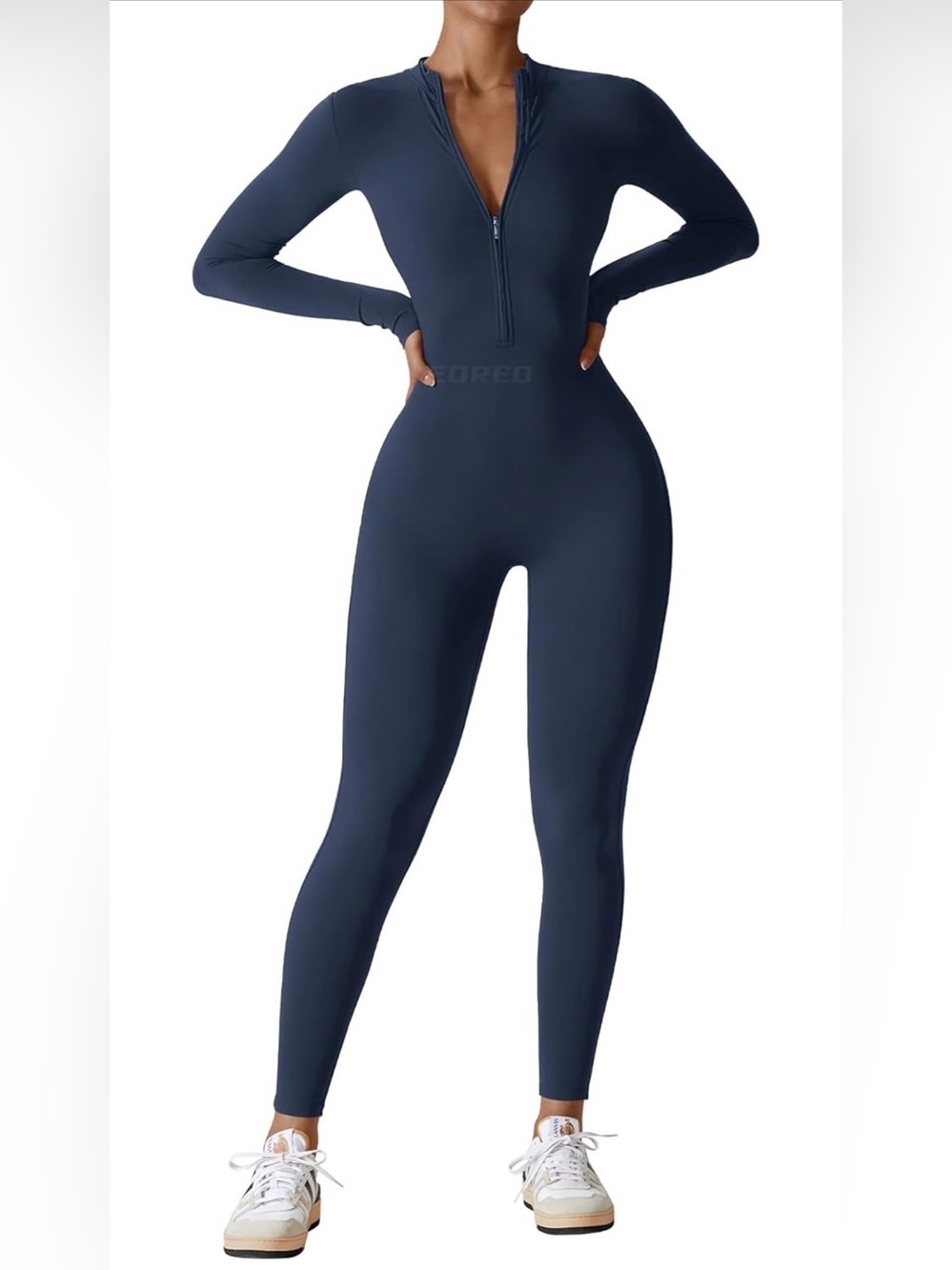 Blue Long Sleeve Zip Front Activewear Jumpsuit | Sculpting One Piece Size S - Picture 2 of 4